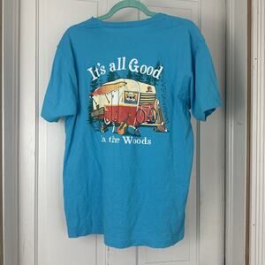 Buc-ees IT’S ALL GOOD IN THE WOODS aqua blue 2 sided T Shirt Size Medium